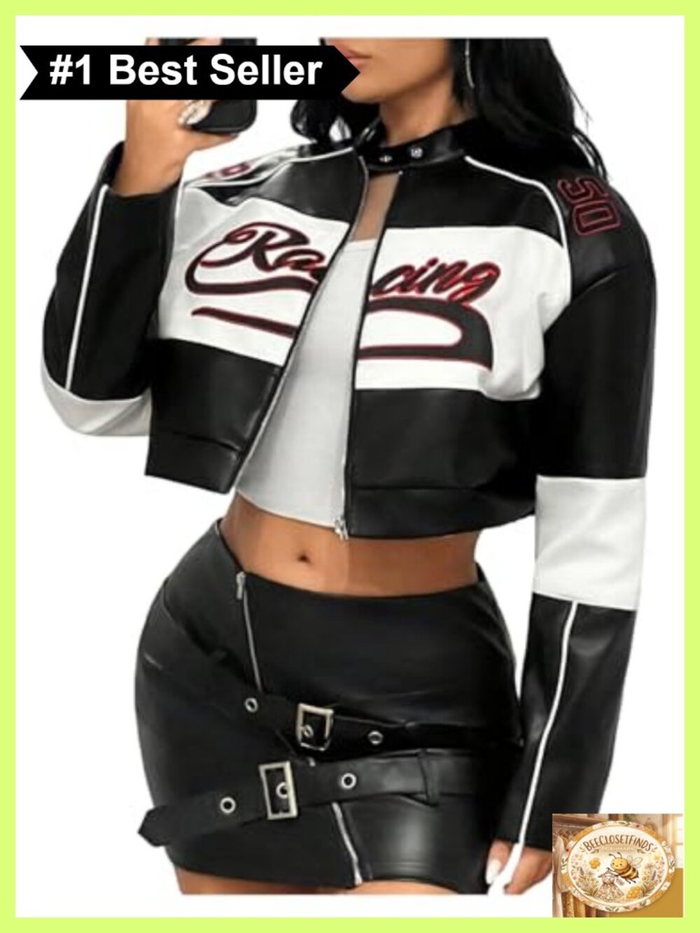 Faux Leather Zip Up Crop Graphic Jacket Long Sleeve Stand Collar